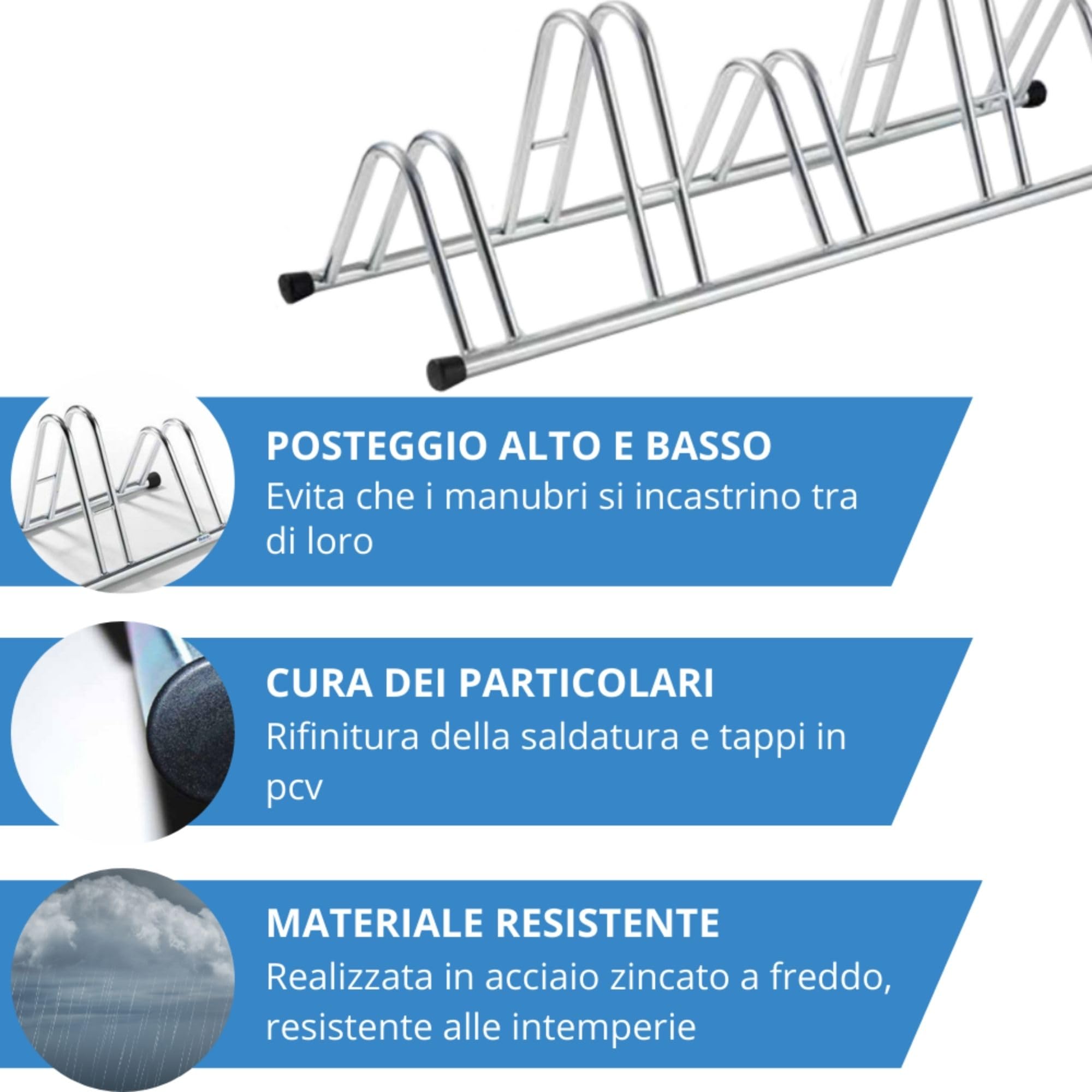 Andrys Rastrelliera Bici 5 Posti Alto/Basso Ruote 6cm Zincato Argento