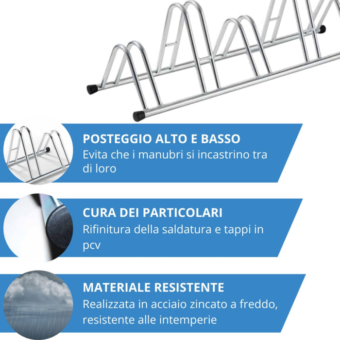 Andrys Rastrelliera Bici 5 Posti Alto/Basso Ruote 6cm Zincato Argento