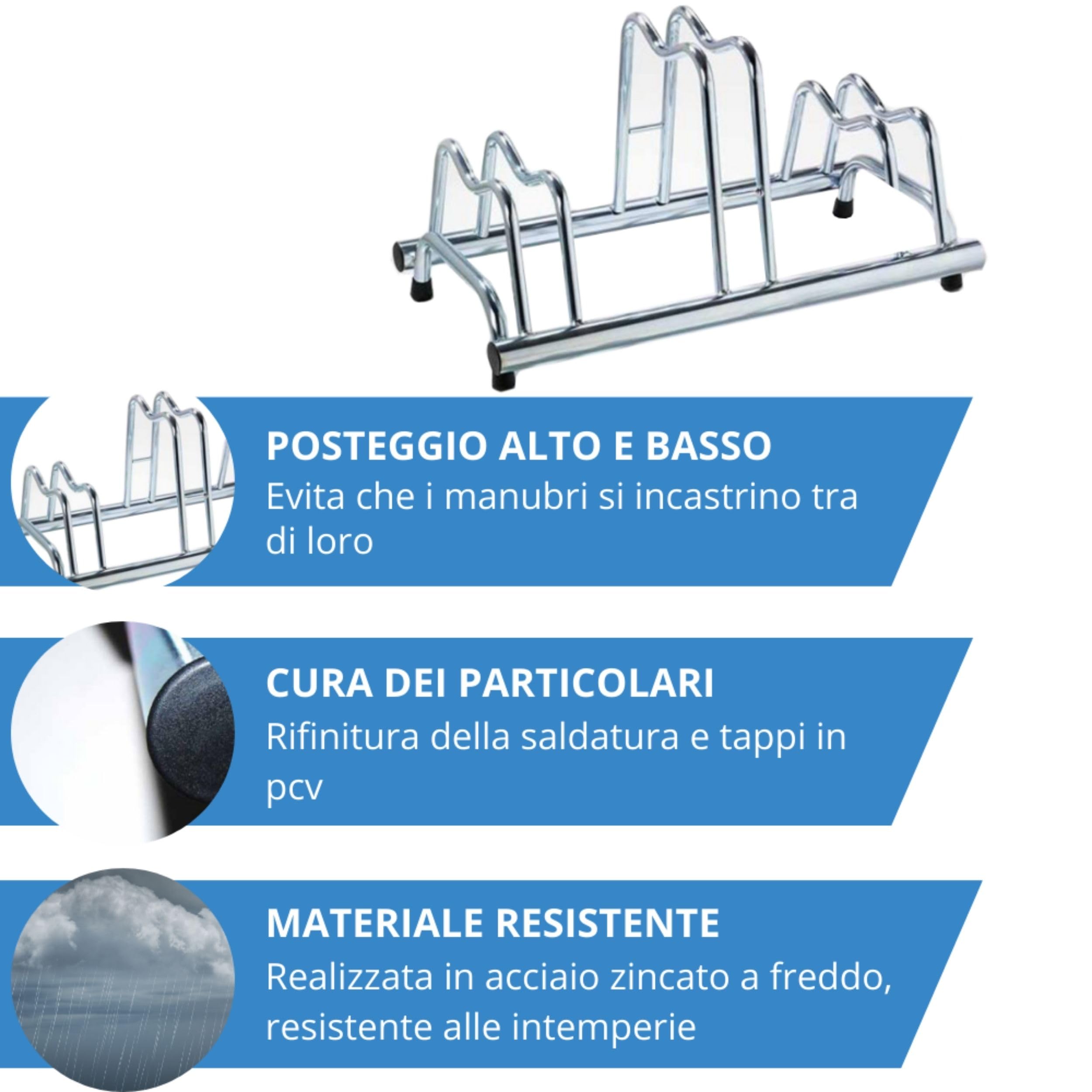 Andrys Rastrelliera Bici 3 Posti con Tappi Alto/Basso Zincato Argento