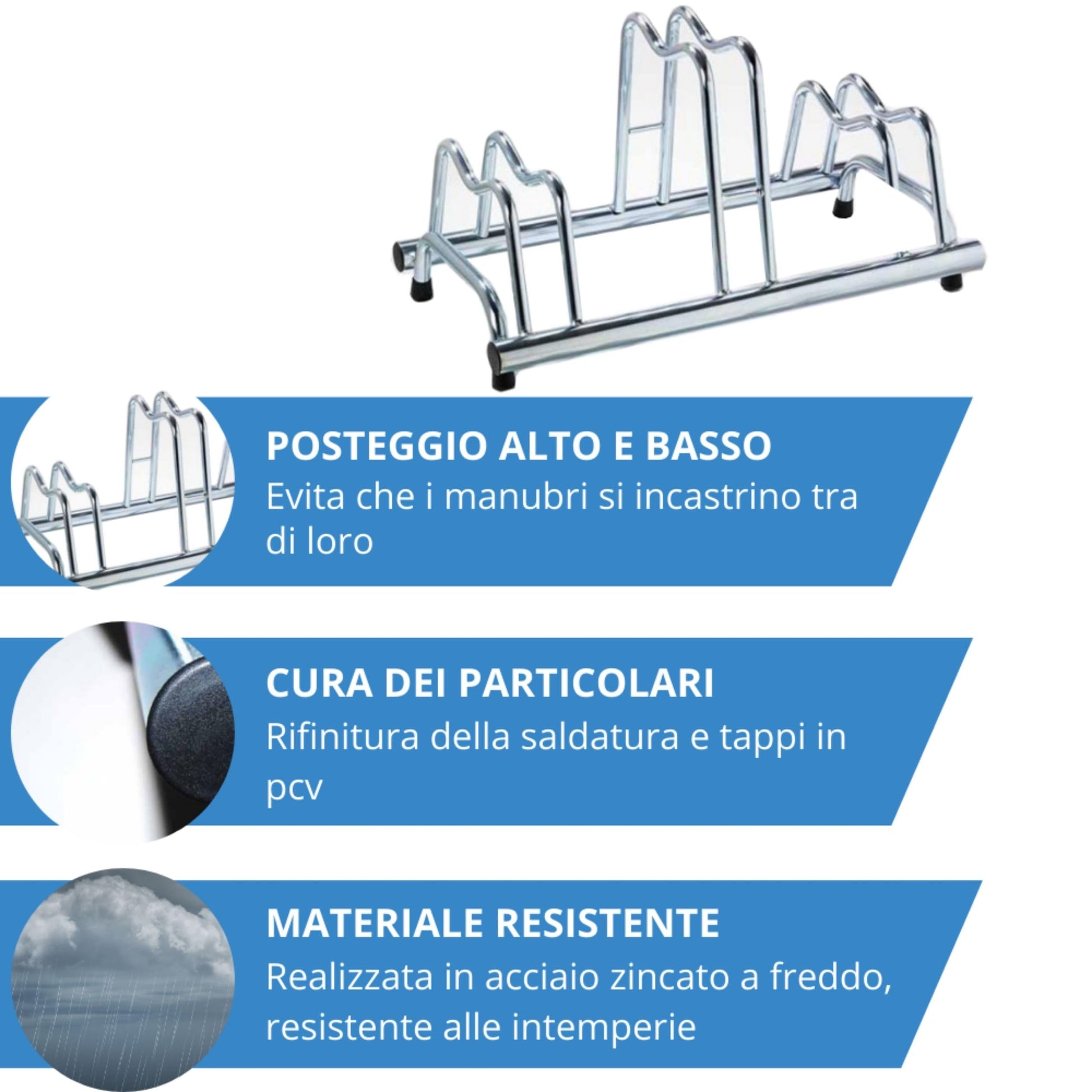 Andrys Rastrelliera Bici 3 Posti con Tappi Alto/Basso Zincato Argento