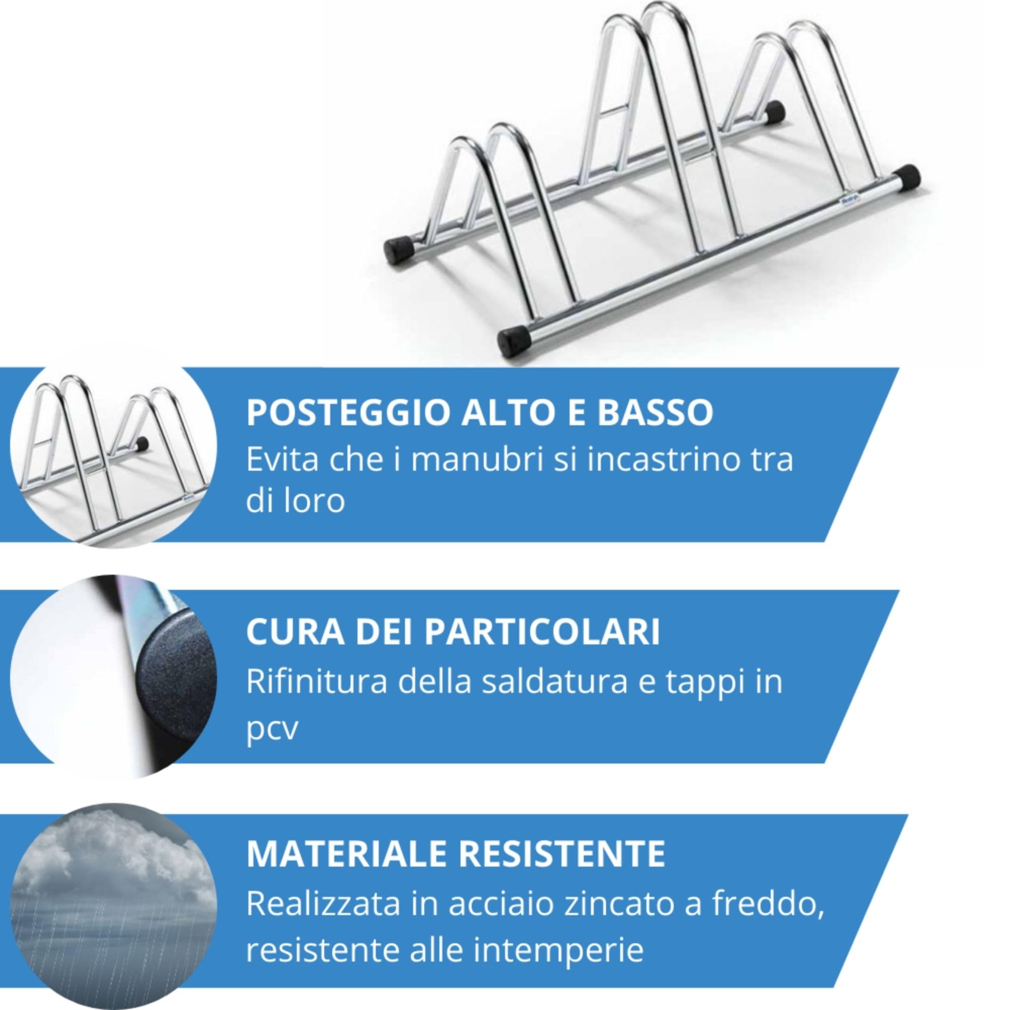 Andrys Rastrelliera Bici 3 Posti Alto/Basso Ruote 6cm Zincato Argento
