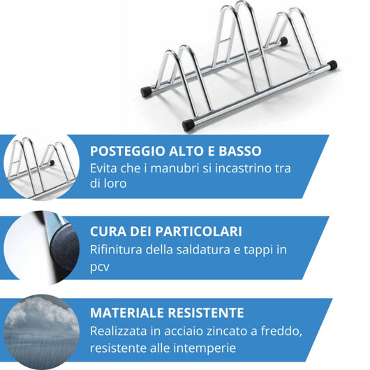 Andrys Rastrelliera Bici 3 Posti Alto/Basso Ruote 6cm Zincato Argento