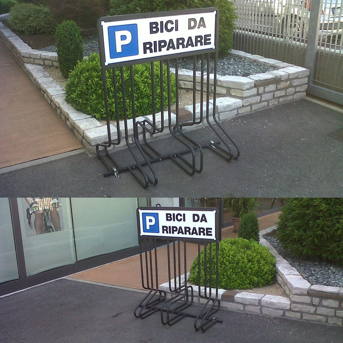 Andrys Rastrelliera Bici 6 Posti con Cartello PVC Nero Zincato Verniciato