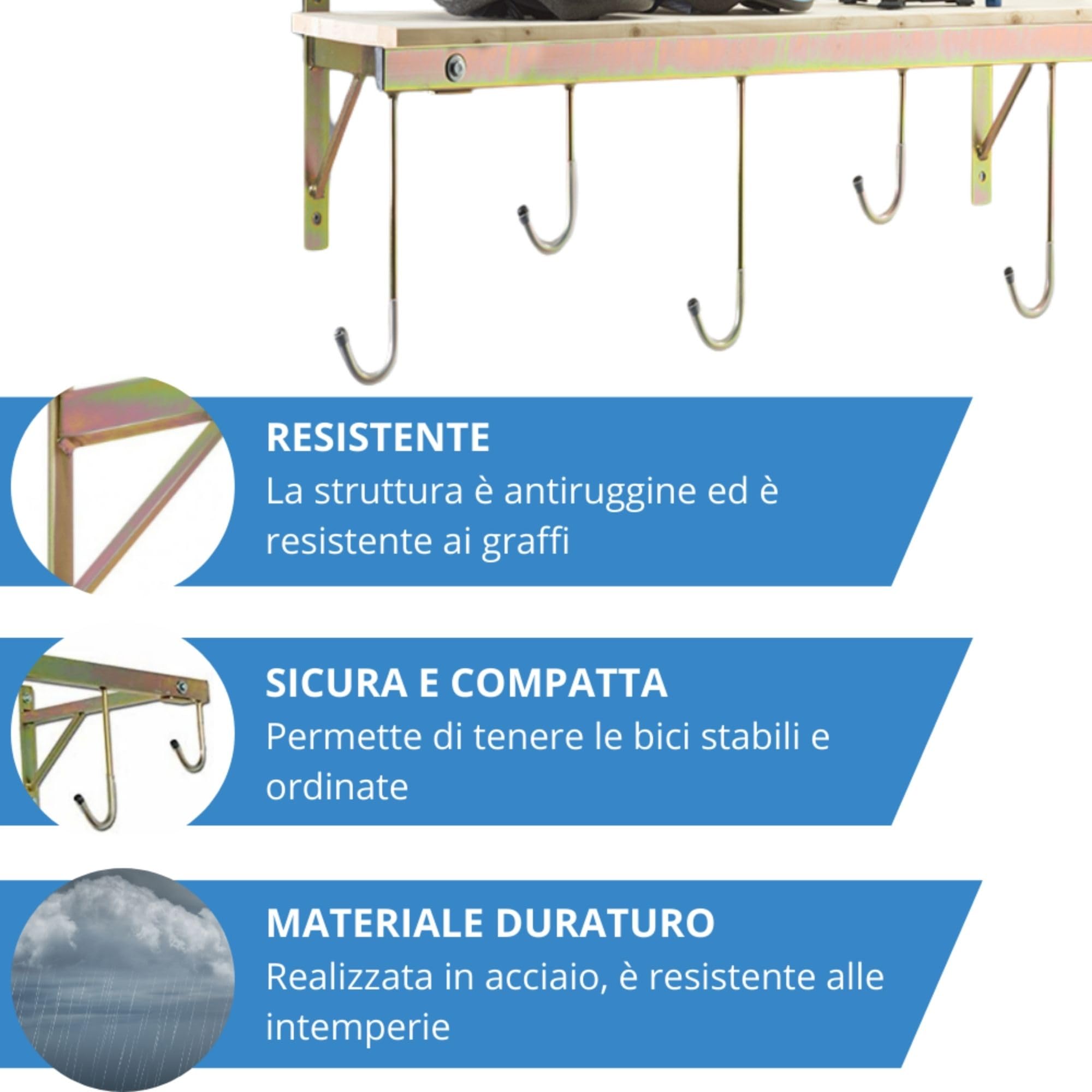 Andrys Porta Bici Muro 6 Posti con Ganci e Mensola Smontabile Oro