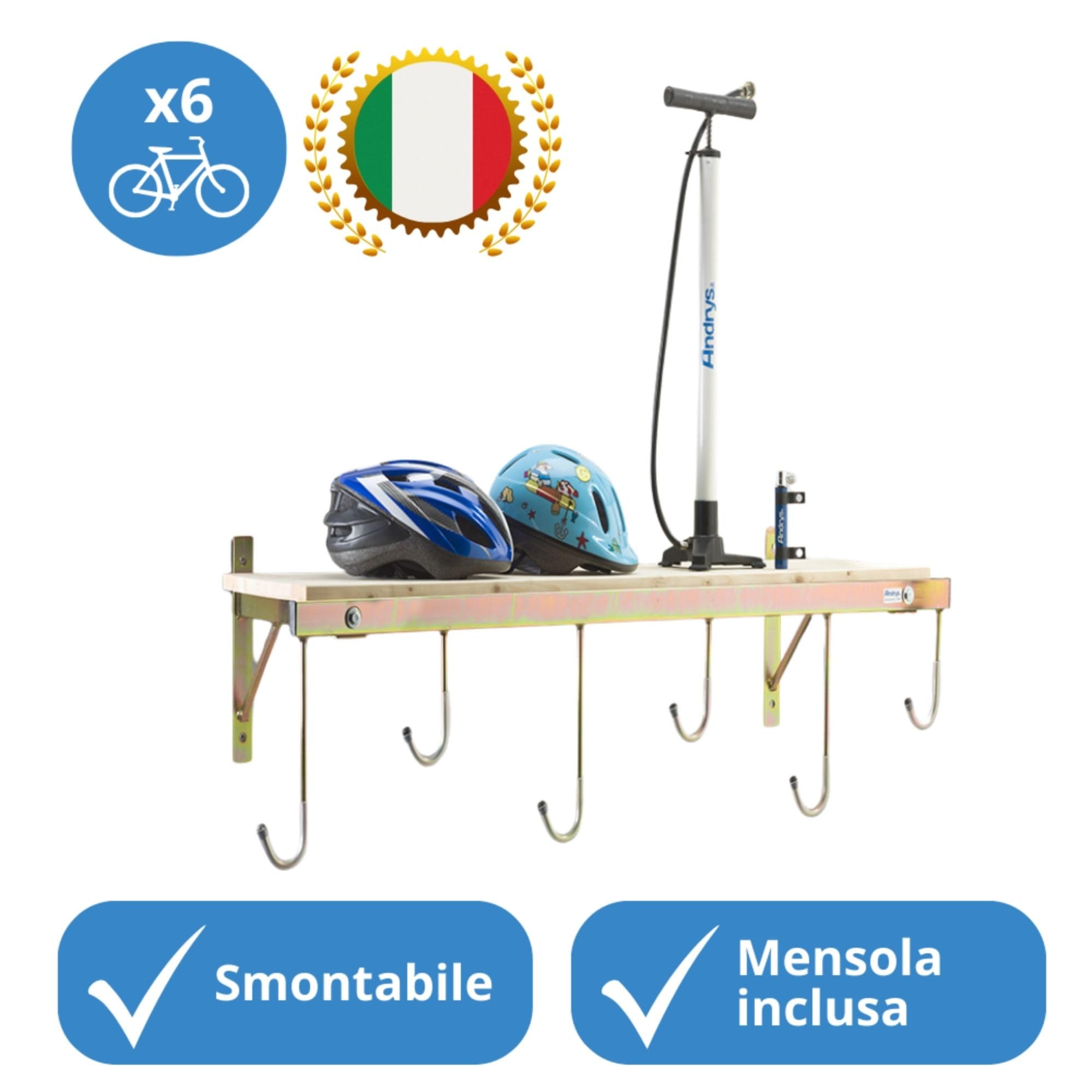 Andrys Porta Bici Muro 6 Posti con Ganci e Mensola Smontabile Oro