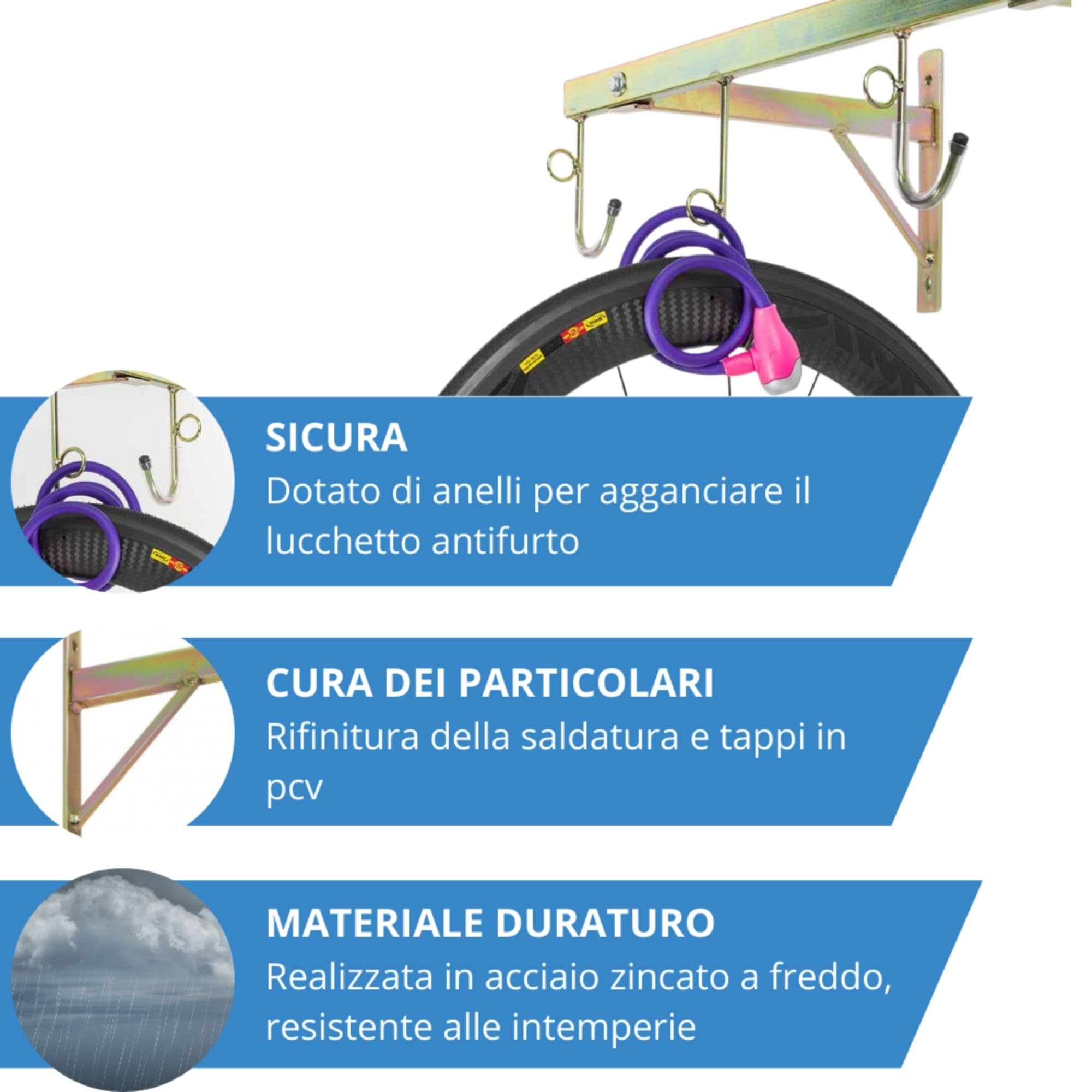 Andrys Porta Bici Muro 4 Posti con Ganci e Anelli Smontabile Oro