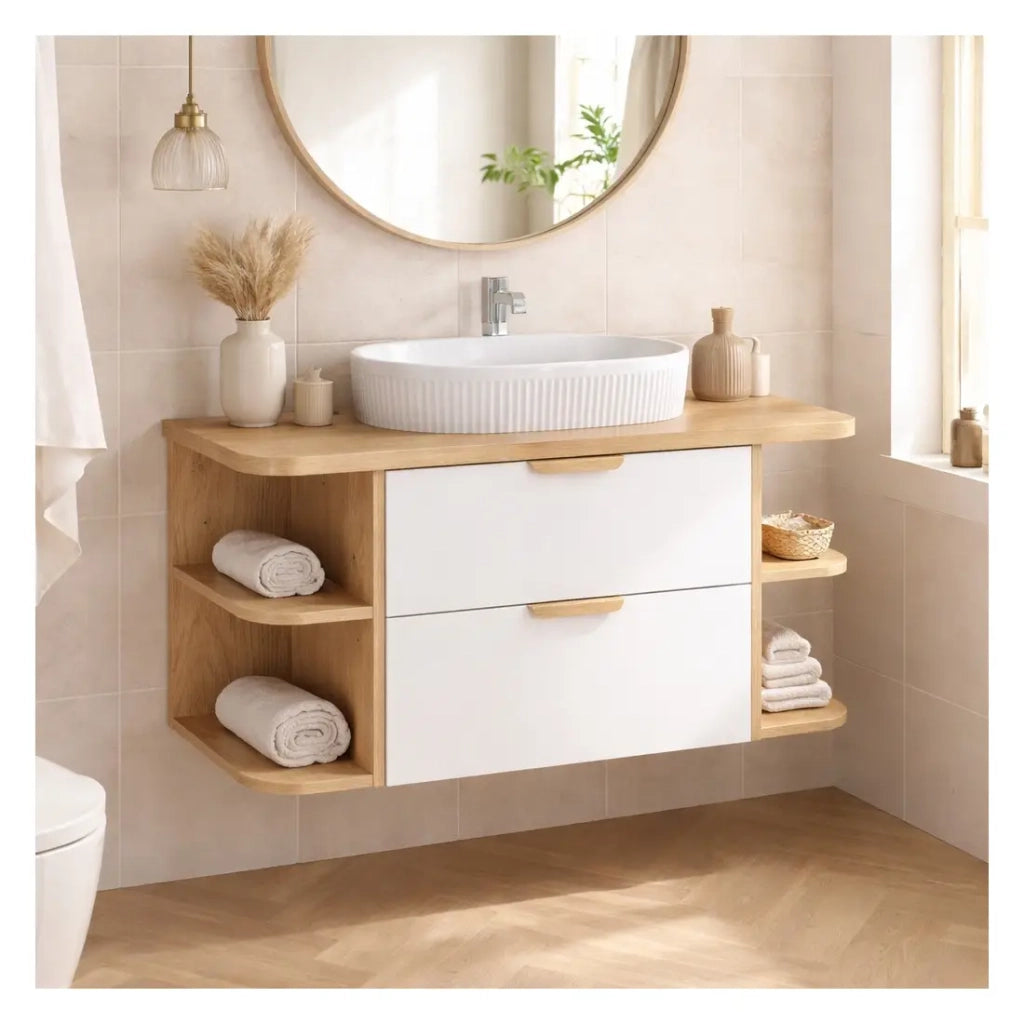 Set OSTER 100cm: mobile sottolavabo con cassetti e nicchie a vista + piano per lavabo + lavabo da appoggio bianco