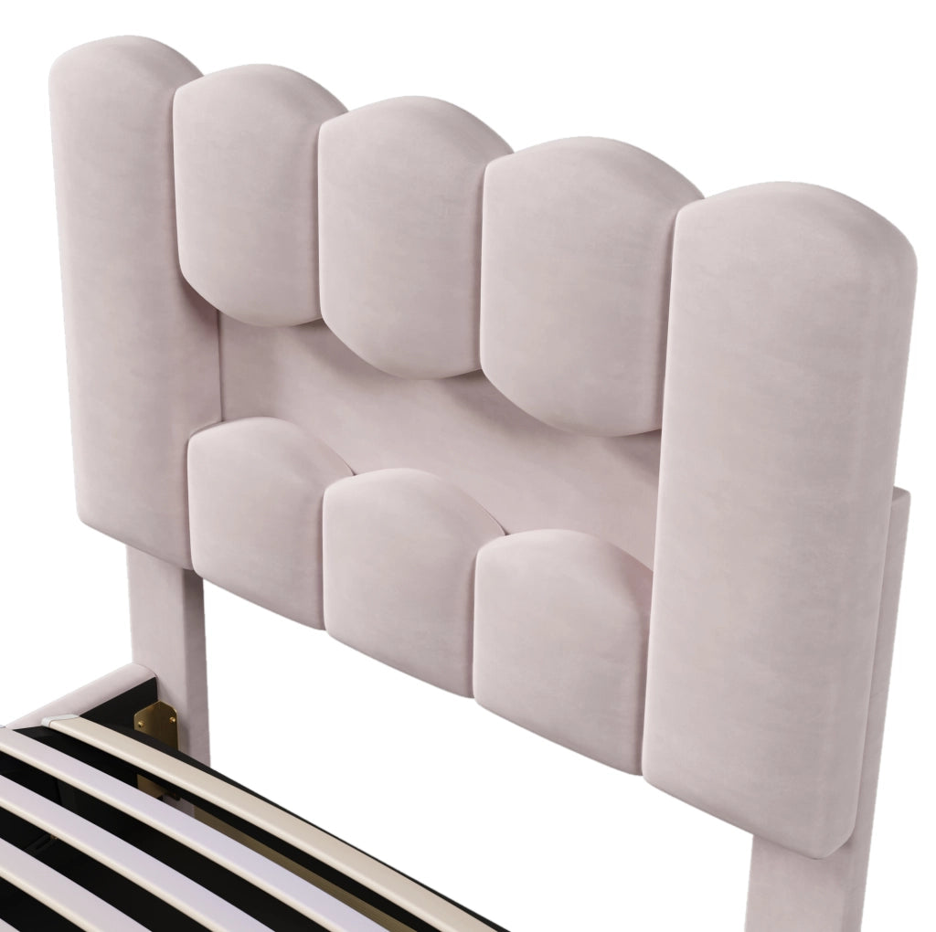 Letto imbottito 90x200 cm con contenitore idraulico; LED e testiera regolabile in velluto rosa