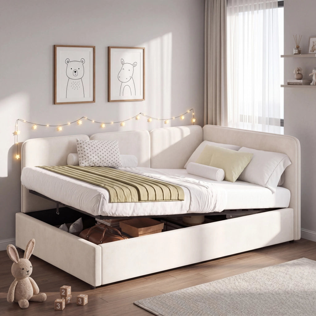 Letto daybed 90x200 cm in velluto beige con contenitore idraulico, testiera imbottita e montaggio reversibile