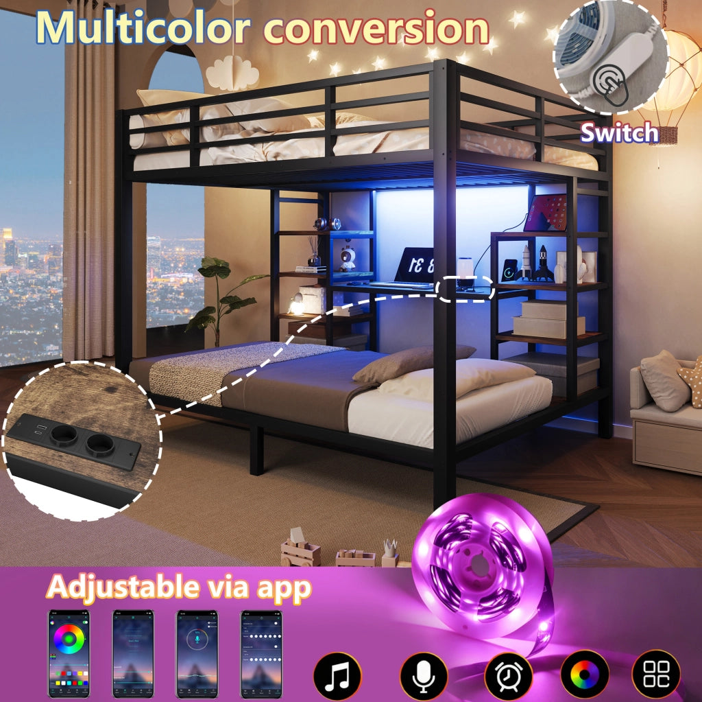 Letto a castello in metallo e MDF nero con prese USB; Type-C e luci LED; 90 x 200 cm e 140 x 200 cm