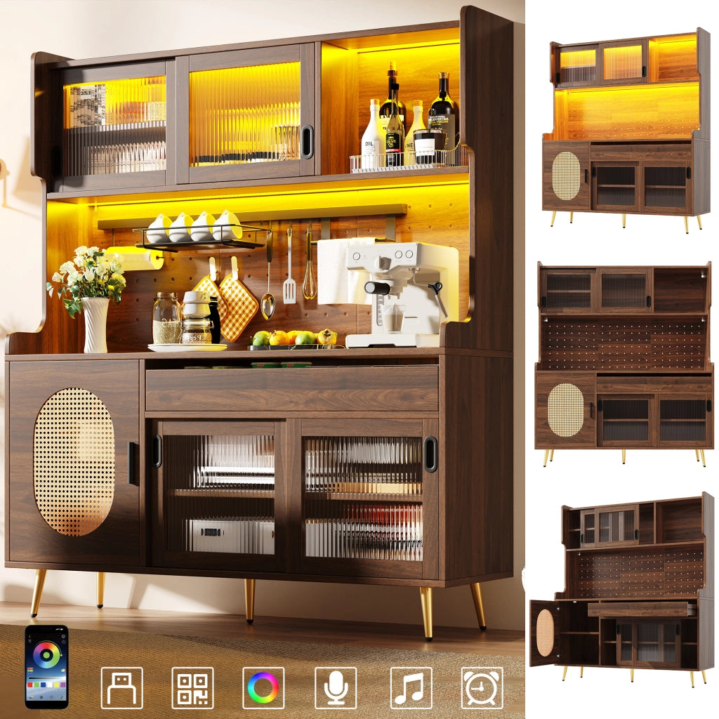 Credenza LED con cassetti e pannello perforato per cucina e sala da pranzo; in MDF; marrone; 145 × 39 × 171 cm