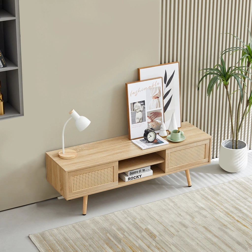 Mobile porta TV in rattan con 2 ante scorrevoli e 3 ripiani, per soggiorno, in MDF, naturale, 140 × 40 × 45 cm