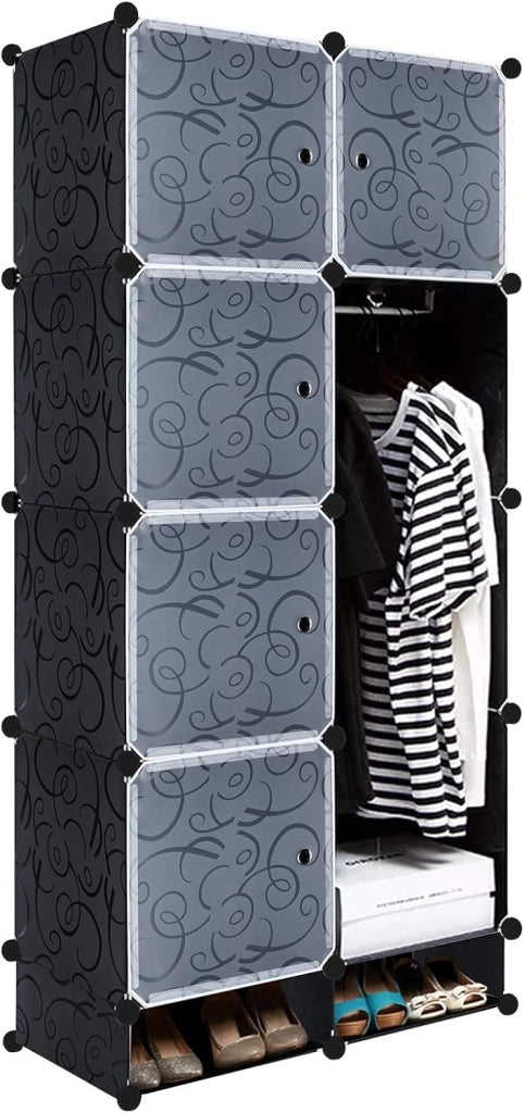Armadio Nero Bianco Guardaroba Scaffale Componibile con 20 Cubi DIY Armadietto Modulare in Plastica con Scaffalatura, 145 cm di Larghezza