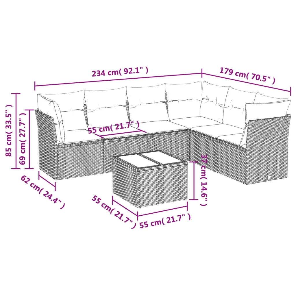 Set Divani da Giardino 7 pz con Cuscini Grigio in Polyrattan