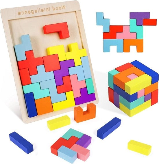 Tangram 3D in Legno con 30 Blocchi Colorati - Gioco Educativo per Bambini - Set di Costruzioni Intellegente per Cerebri in Azione con Cubi