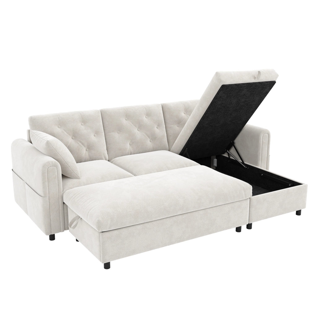 Divano angolare con chaise longue e pouf contenitore - in velluto beige 219 × 131 × 86 cm