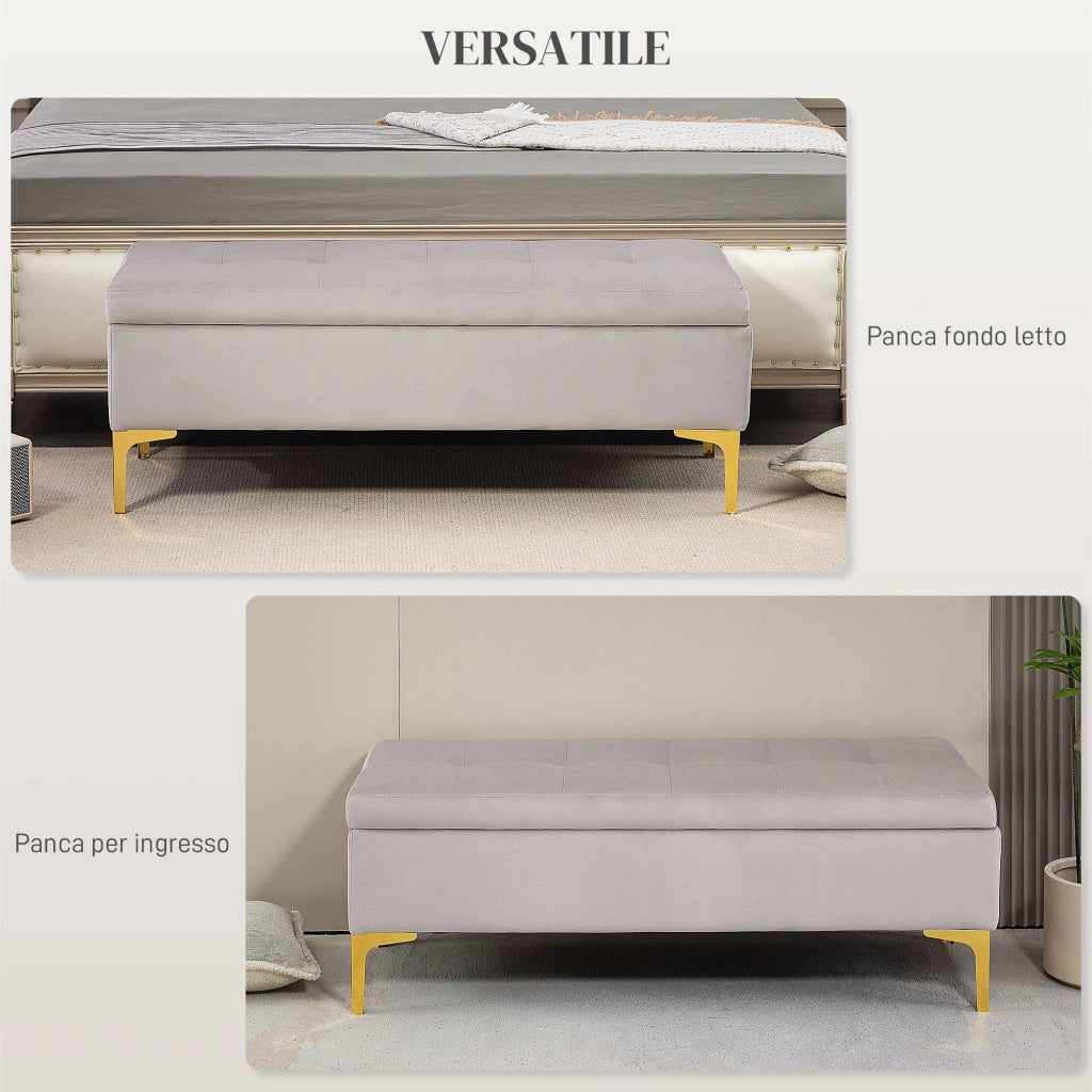 Panca Contenitore Fondo Letto 120x44x44,5cm con Tessuto Vellutato e Gambe Dorate Grigio Chiaro