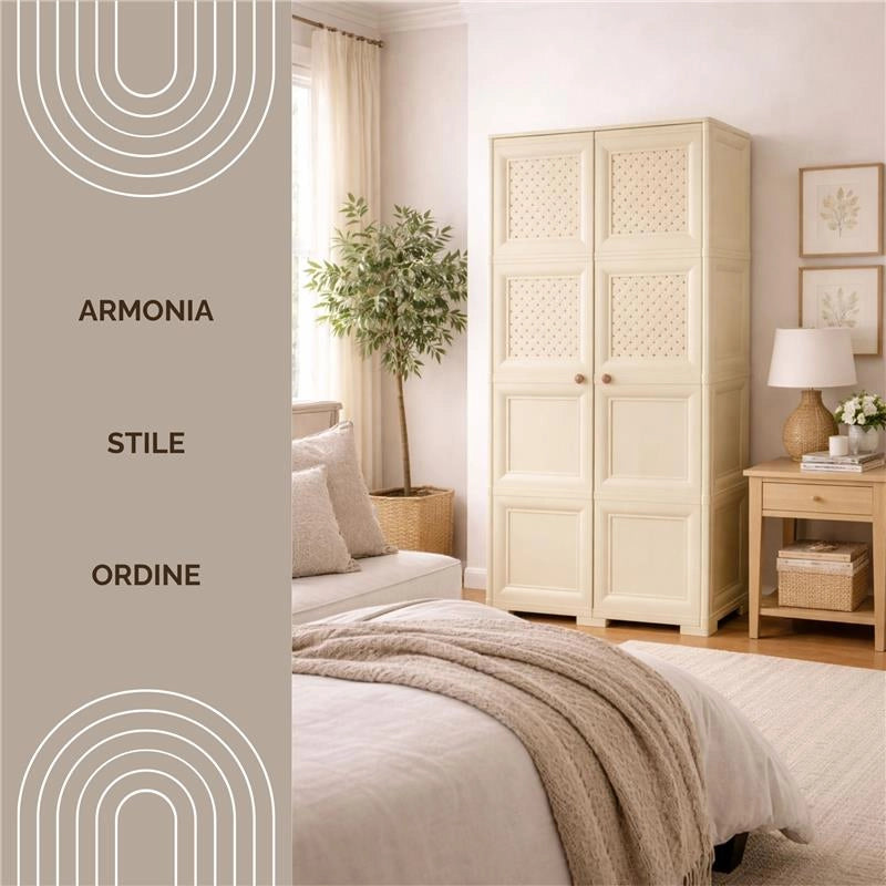 ARMADIO 4 MODULI ANGORA 79X43X164 CM CON 4 RIPIANI E ANTE TRAFORATE – MOBILE ALTO DECORATIVO PER ZONA GIORNO E INGRESSO