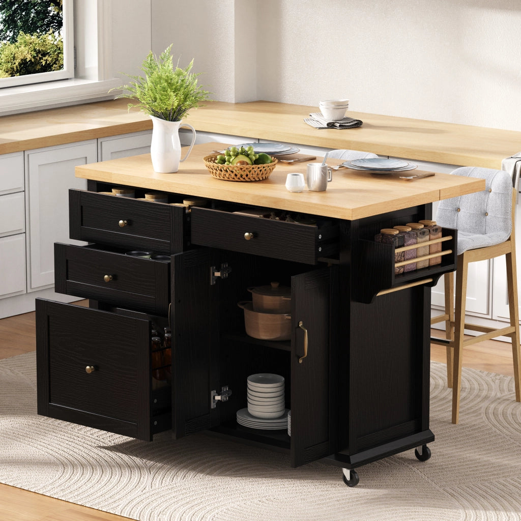 Carrello da Cucina con 2 Ante; Cassetti; Piano Estensibile; Portaasciugamani e Ruote in MDF 107 x 45-70 x 90.5 cm Nero e Naturale