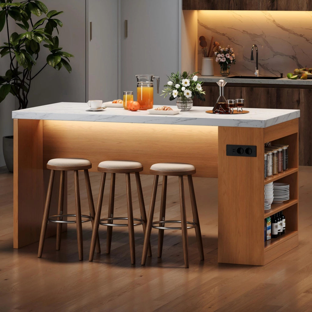 Isola cucina moderna 155x80x90 cm con LED, prese AC+USB, piano spesso 40 mm, MDF naturale/bianco