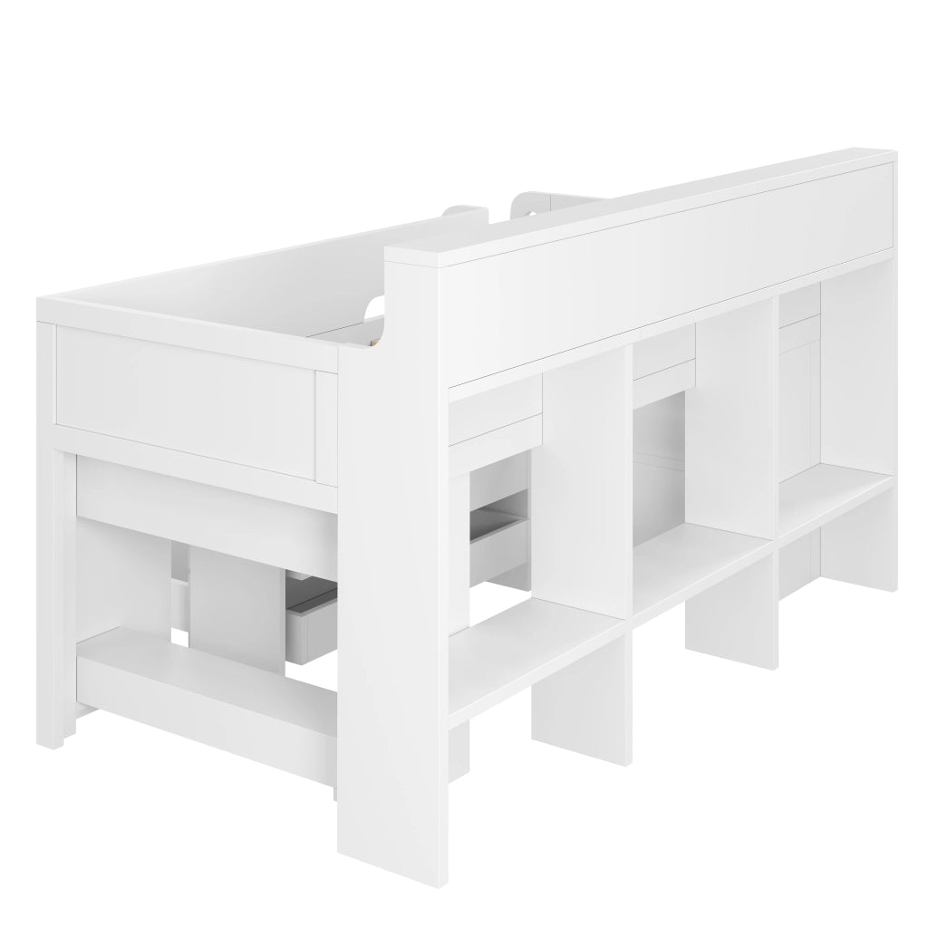 DESMIU Letto a soppalco bambino 90 × 200 cm con 3 cassetti, scrivania mobile, ripiani e LED, senza materasso, bianco