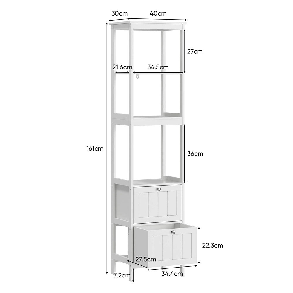 Armadio alto stretto 40x30x160 cm - Xylo - 2 cassetti, 3 ripiani, per bagno o lavanderia, bianco