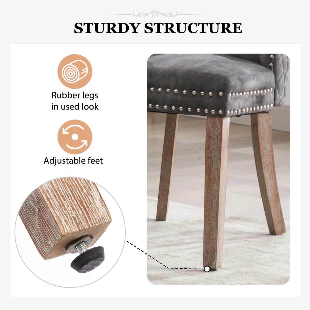 Sedia da pranzo imbottita con gambe regolabili e borchie decorative e manico posteriore in velluto grigio