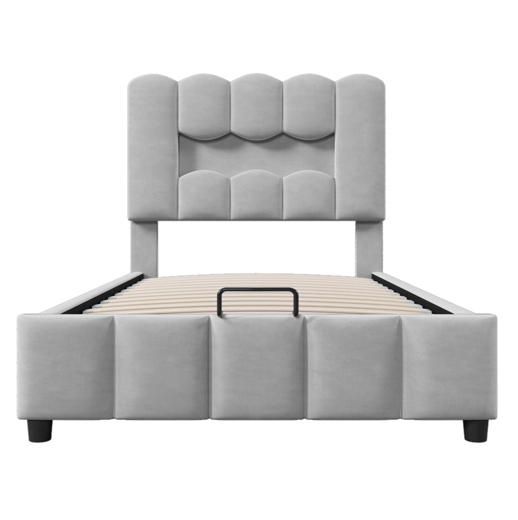 Letto imbottito 90x200 cm con contenitore; LED e testiera regolabile in velluto grigio