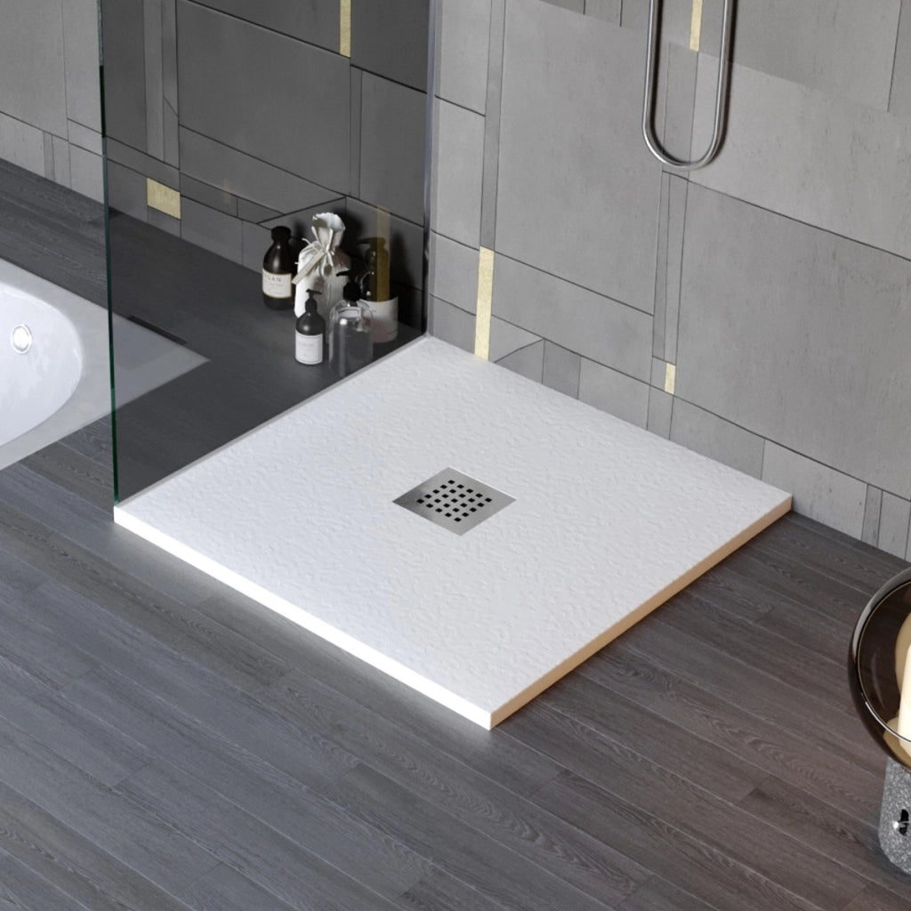 Piatto doccia in marmo resina effetto pietra con foro centrale bianco chic, misura 80x140