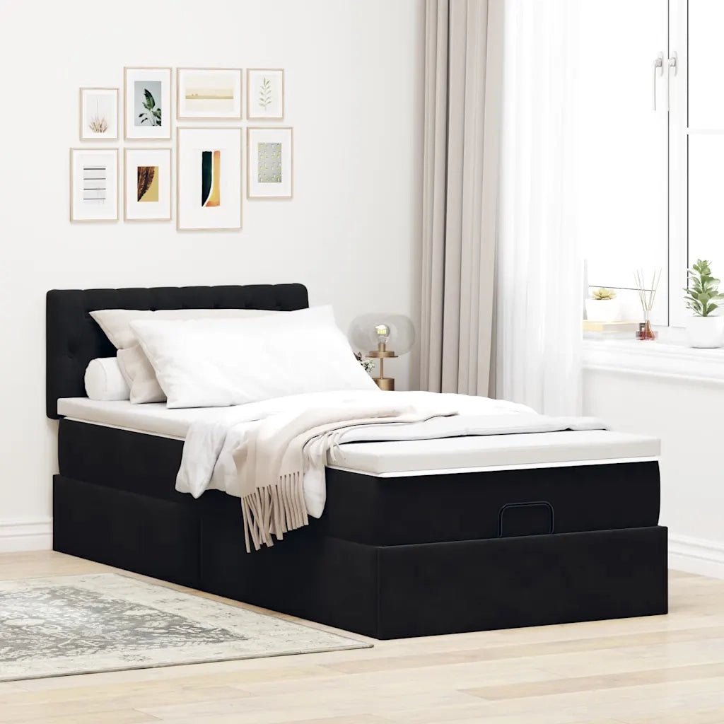 Struttura Letto Pouf con Materasso Nero 90x190 cm in Velluto 3311815