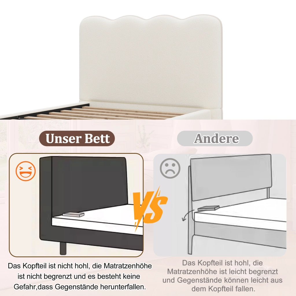 LETTO 90x200 cm per bambini in bouclé bianco con rete a doghe