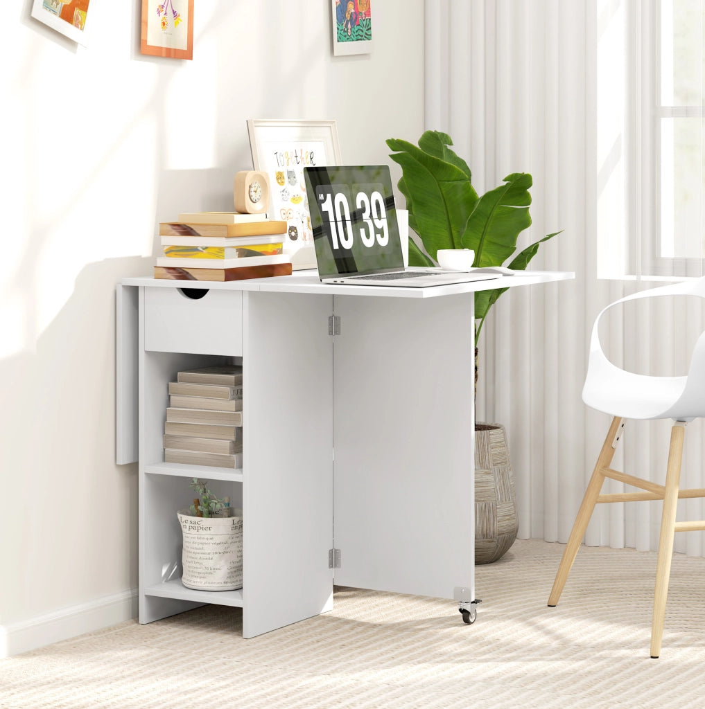 Tavolo da pranzo pieghevole 114.5x70x75 cm con due piani ribaltabili; in truciolare; bianco
