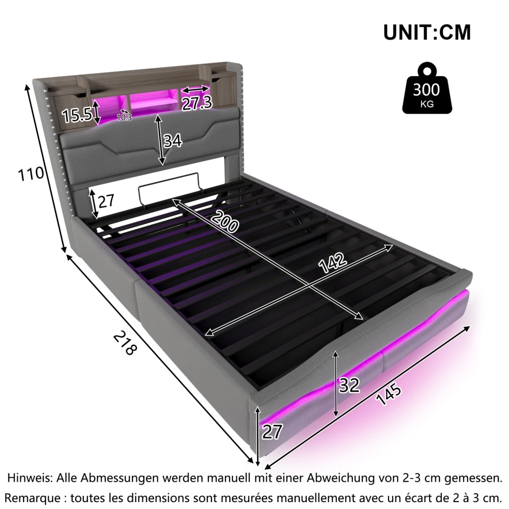 Letto imbottito 140x200 cm con LED, USB-C e vano contenitore