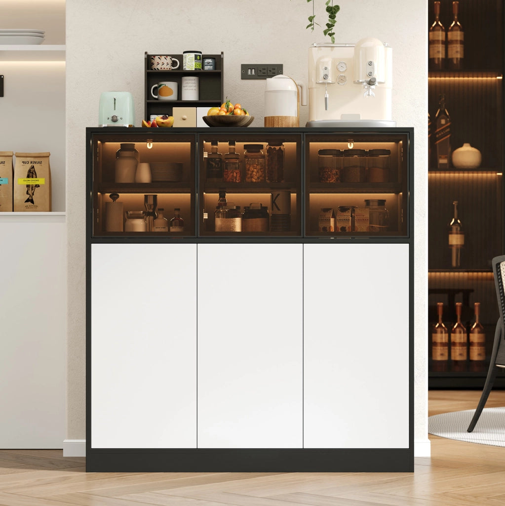 Credenza bicolore con LED, 6 ante e 14 vani, 100x40x105 cm
