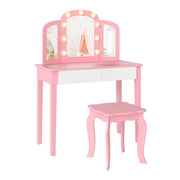 Set tavolo trucco bambini 2 in 1 principessa specchio 3 pieghe luci led, Set sgabello legno bambine 3+ anni gioco creativo regalo Rosa