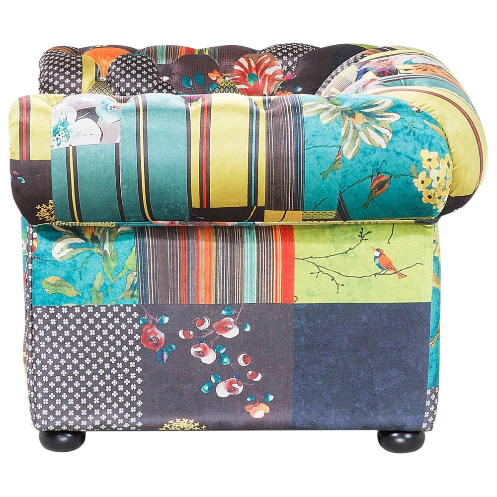 Poltrona Tessuto Multicolore Braccioli a voluta con inserti Giallo Patchwork Eclettico