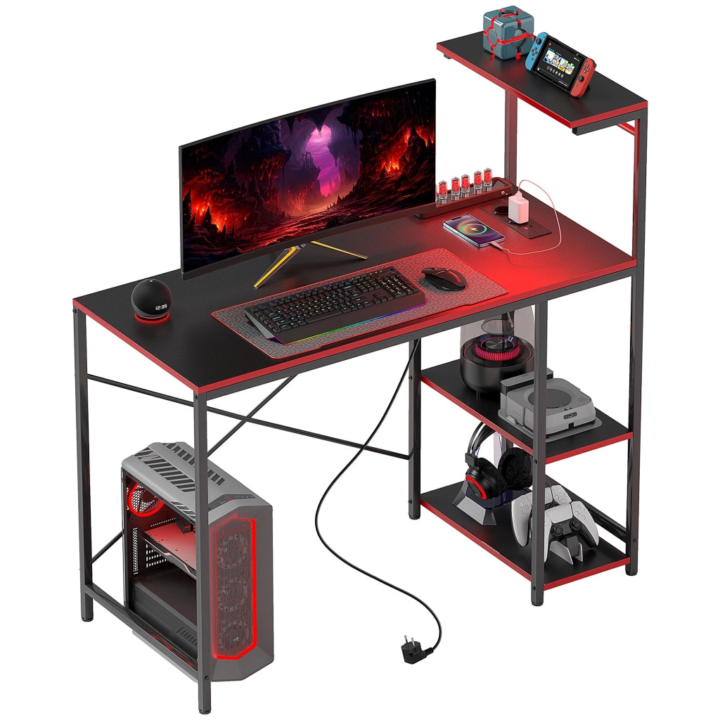 Scrivania Gaming con LED e Prese ¨C Xylo ¨C Fibra di Carbonio Nero 110x50 cm