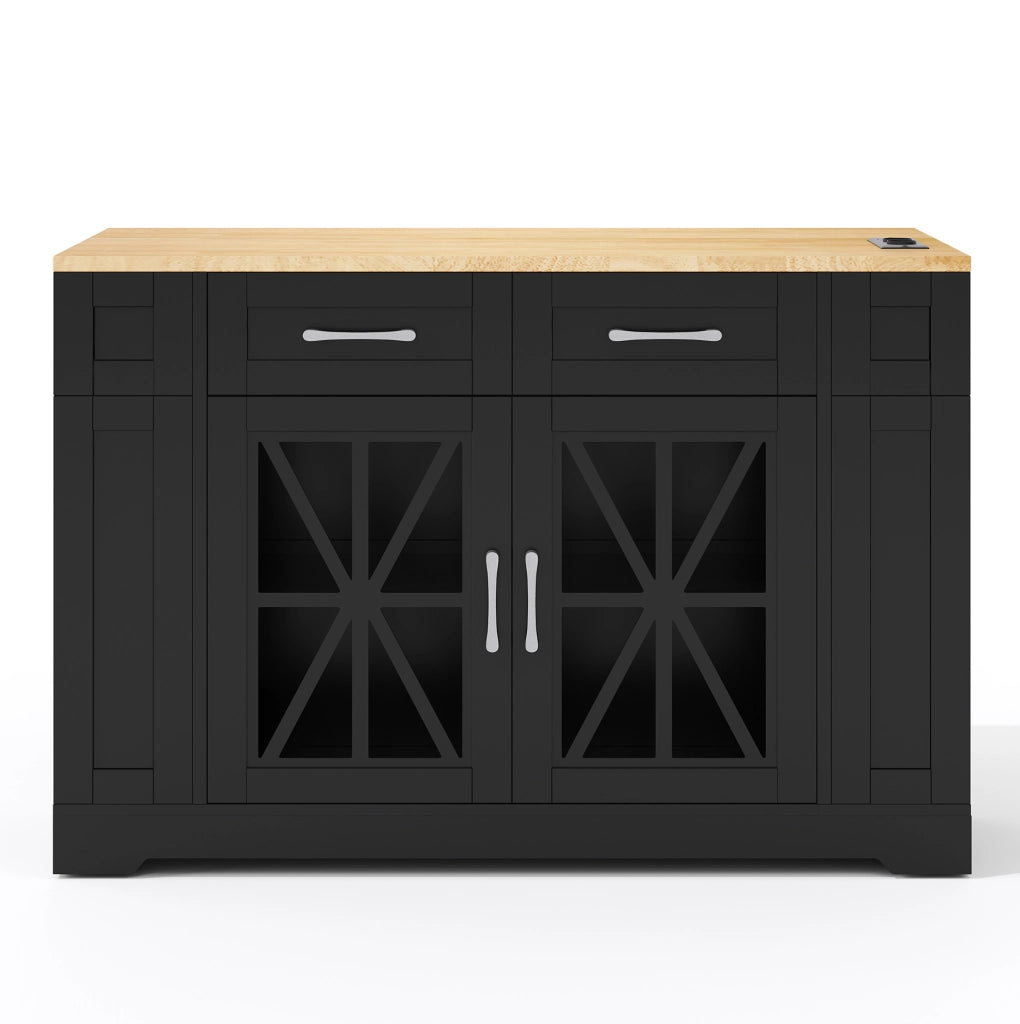 Isola da cucina su ruote con tavolo ribaltabile; prese AC e USB; 120 cm; MDF; nero e naturale