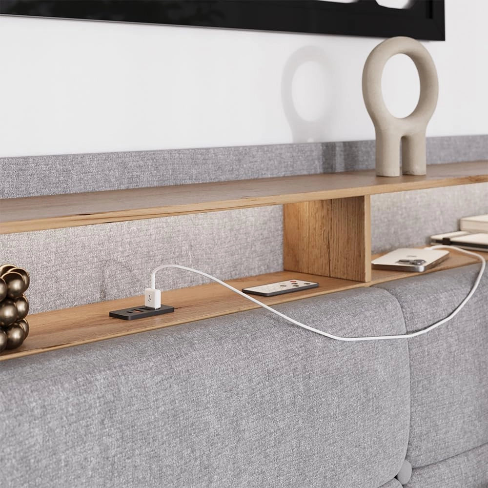 Letto imbottito Christin, Grigio/quercia, 180x200 con LED, porta USB e materasso