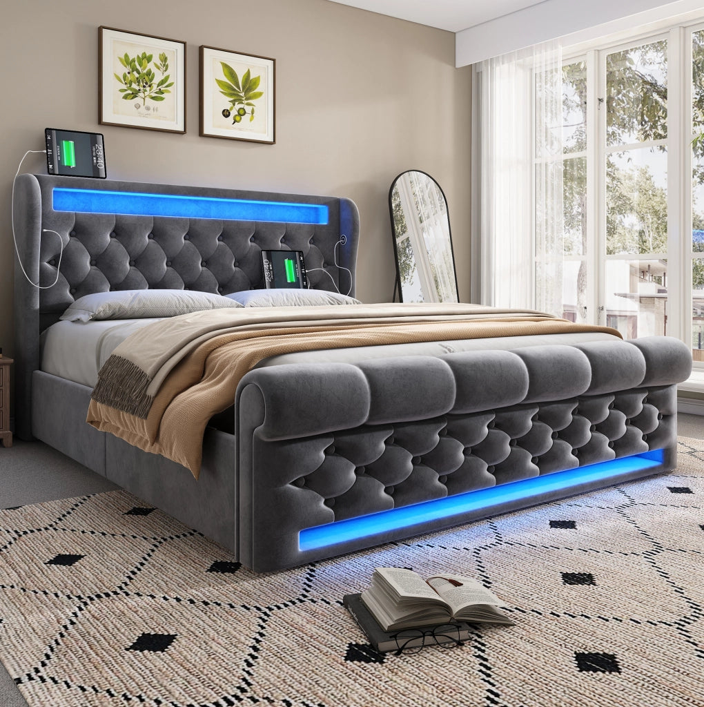 Letto imbottito 140x200 cm con materasso, contenitore idraulico, LED e velluto grigio