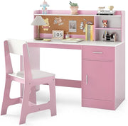 Set Scrivania e Sedia per Bambini 3+ Anni, Tavolo da Scrittura in Legno con Mensole, Cassetto e Bacheca in Sughero, Tavolo e Sedia per Disegno e Studio (Rosa)