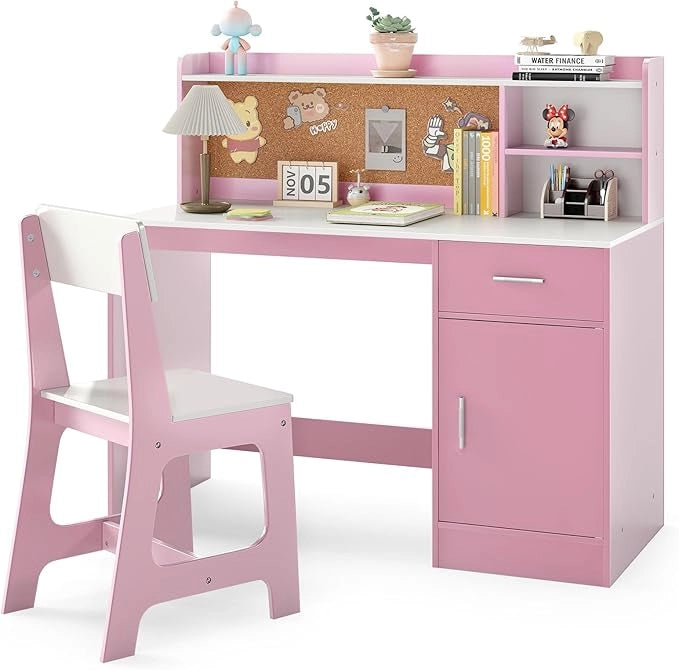 Set Scrivania e Sedia per Bambini 3+ Anni, Tavolo da Scrittura in Legno con Mensole, Cassetto e Bacheca in Sughero, Tavolo e Sedia per Disegno e Studio (Rosa)