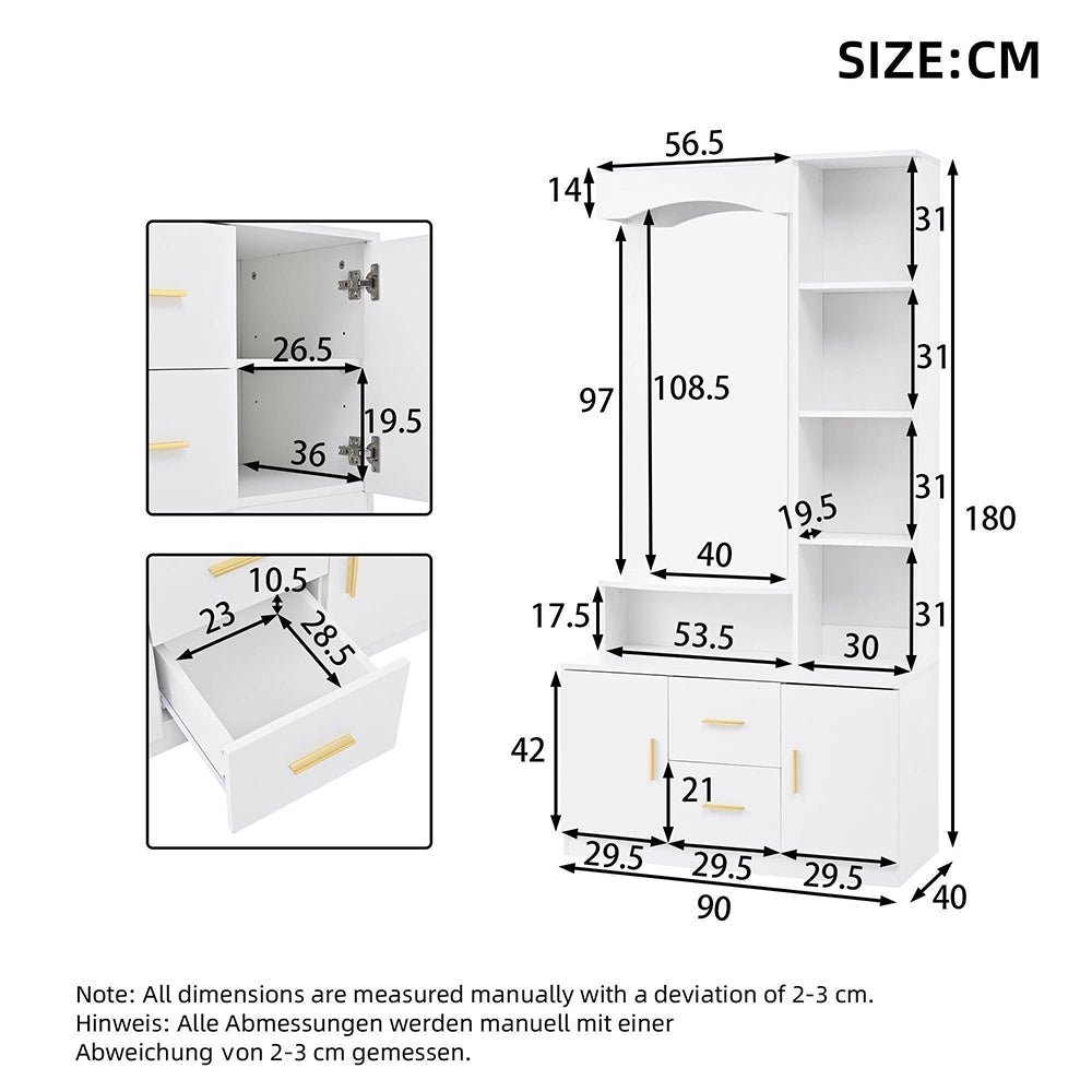 Armadio Ingresso 90x40x180cm - Xylo - con Specchio, 2 Ante e 2 Cassetti, Bianco