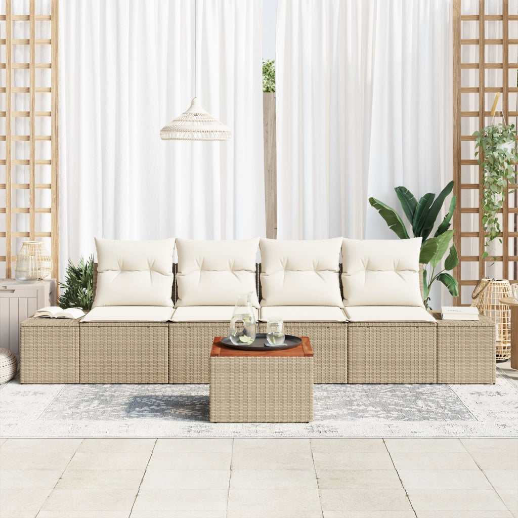 Set Divano da Giardino 5 Pezzi con Cuscini Beige Polirattan Acacia