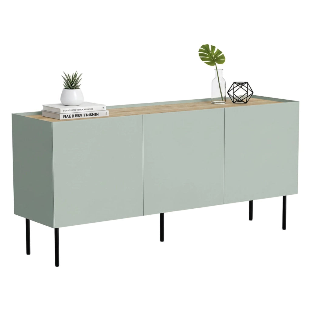 Credenza Verrone, Madia da salotto con tre ante battenti e vani interni, Rialzata da terra, 150x40 h70 cm, Verde e Rovere