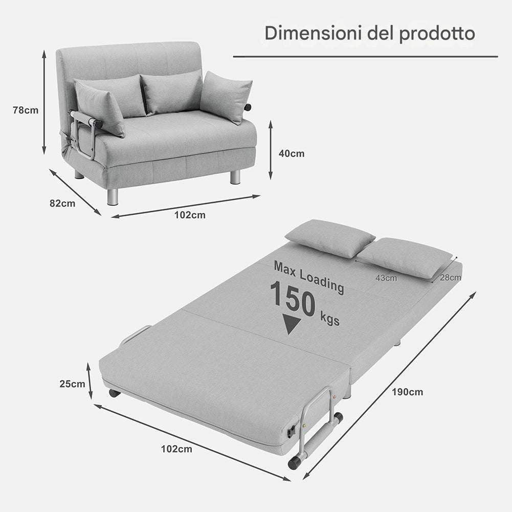 Divano Poltrona Letto 2 Posti una Piazza e mezza Ferro Tessuto Reclinabile Grigi