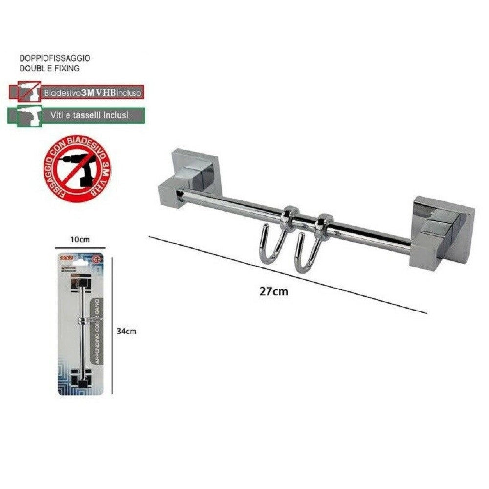 Trade Shop - Porta Asciugamani Con 2 Ganci Appendini Fissaggio A Parete Bagno Square 59194 -