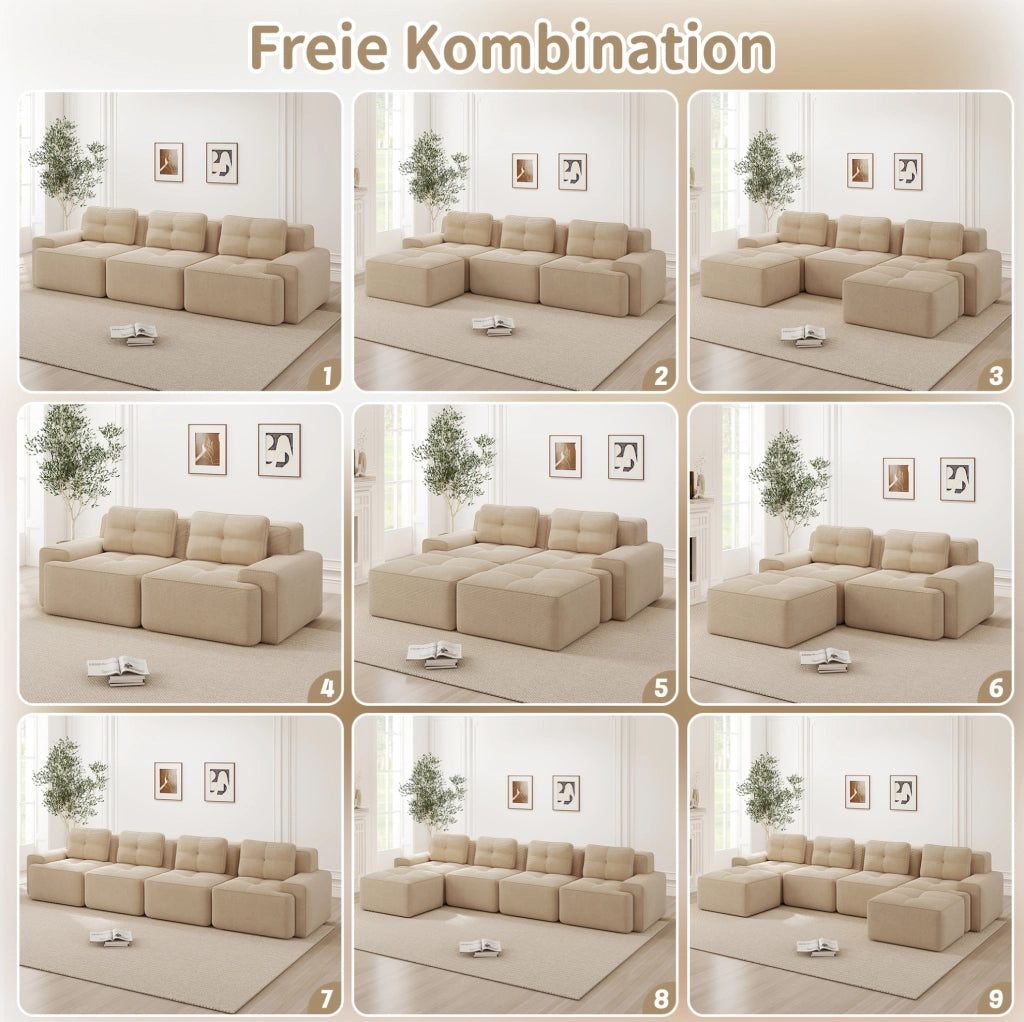 Divano modulare boneless in corduroy beige; seduta profonda 74 cm