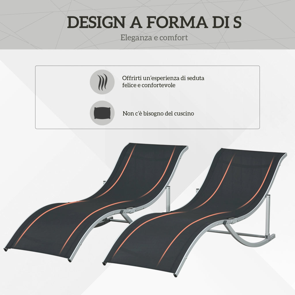 Set 2 Sdraio da Giardino Pieghevoli in Alluminio e Texteline, 61x165x63 cm, Nero