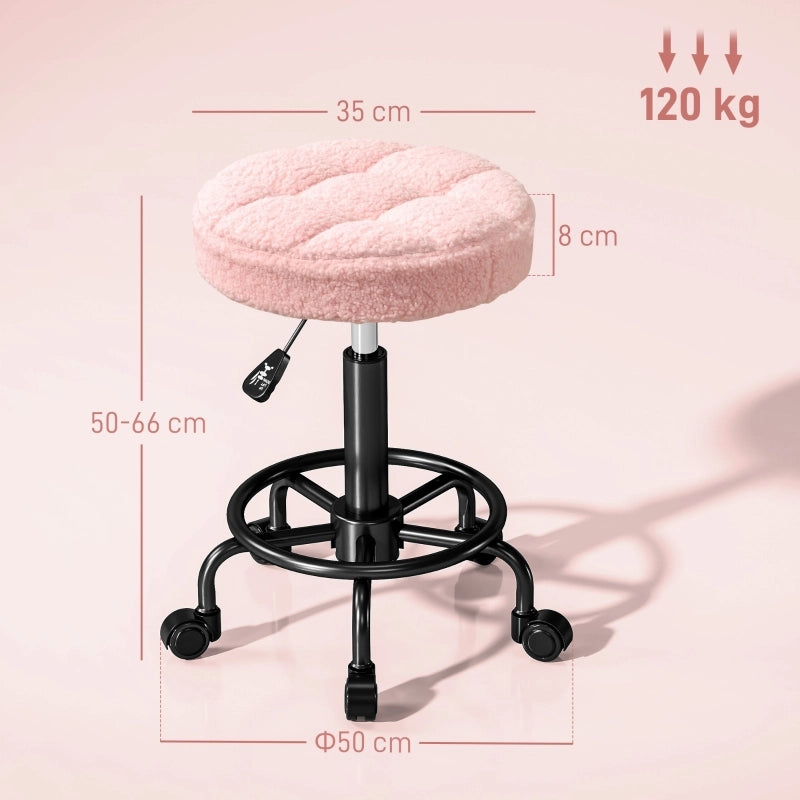 Sgabello girevole regolabile in altezza con ruote e schiuma ad alta densità, in pile rosa, 50-66 cm